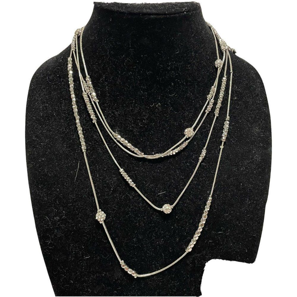 chico’s silver tone long layering necklace 2 strand beaded rhinestones 40-44”